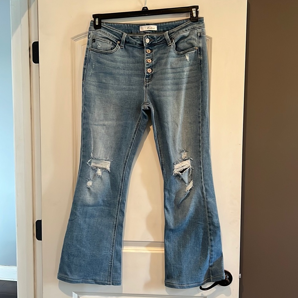 Kancan high rise Estilo button fly distressed flare jeans size 15 31